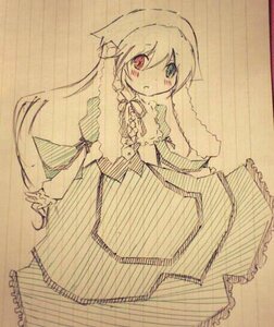 Rating: Safe Score: 0 Tags: 1girl blush dress frills heterochromia image long_hair long_sleeves looking_at_viewer monochrome red_eyes solo suiseiseki traditional_media very_long_hair User: admin