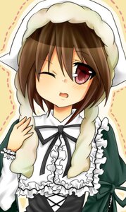 Rating: Safe Score: 0 Tags: 1girl blush brown_hair costume_switch frills head_scarf image long_sleeves looking_at_viewer one_eye_closed open_mouth red_eyes ribbon short_hair solo suiseiseki User: admin