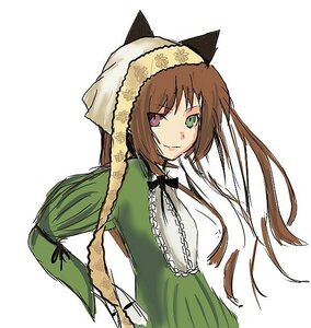 Rating: Safe Score: 0 Tags: 1girl brown_hair closed_mouth dress green_dress green_eyes heterochromia image long_hair long_sleeves looking_at_viewer simple_background solo suiseiseki twintails upper_body very_long_hair white_background User: admin