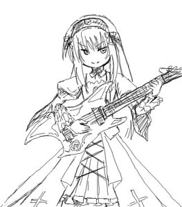 Rating: Safe Score: 0 Tags: 1girl cowboy_shot dress electric_guitar frills greyscale guitar hairband image instrument long_hair long_sleeves looking_at_viewer monochrome music playing_instrument ribbon rose simple_background sketch smile solo standing suigintou violin white_background User: admin