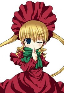 Rating: Safe Score: 0 Tags: 1girl blonde_hair blue_eyes blush bonnet bow bowtie dress drill_hair green_bow image index_finger_raised long_hair long_sleeves looking_at_viewer one_eye_closed red_dress shinku simple_background solo standing twintails white_background User: admin