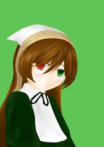Rating: Safe Score: 0 Tags: 1girl black_ribbon brown_hair closed_mouth dress green_background green_dress green_eyes head_scarf heterochromia image long_hair long_sleeves looking_at_viewer red_eyes ribbon simple_background solo suiseiseki upper_body User: admin
