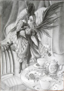 Rating: Safe Score: 0 Tags: 1girl cup dress frills greyscale hairband image long_hair long_sleeves monochrome saucer solo standing suigintou table tea teacup teapot traditional_media wings User: admin