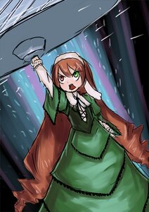 Rating: Safe Score: 0 Tags: 1girl arm_up brown_hair dress green_dress green_eyes heterochromia image long_hair long_sleeves open_mouth red_eyes solo suiseiseki very_long_hair User: admin