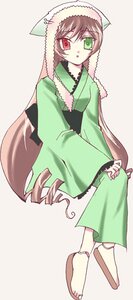 Rating: Safe Score: 0 Tags: 1girl :o brown_hair dress drill_hair full_body green_dress green_eyes heterochromia image japanese_clothes long_hair long_sleeves looking_at_viewer red_eyes simple_background solo suiseiseki twin_drills very_long_hair wide_sleeves User: admin