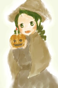 Rating: Safe Score: 0 Tags: 1girl :d food green_eyes green_hair halloween hat holding holding_food image jack-o'-lantern kanaria long_sleeves looking_at_viewer open_mouth pumpkin smile solo wide_sleeves User: admin