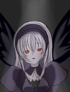 Rating: Safe Score: 0 Tags: 1girl black_wings blush dress earrings eyebrows_visible_through_hair hairband image jewelry juliet_sleeves long_sleeves looking_at_viewer puffy_sleeves red_eyes solo suigintou upper_body wings User: admin