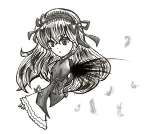 Rating: Safe Score: 0 Tags: 1girl bug butterfly dress feathers greyscale hairband image insect lolita_hairband long_hair long_sleeves looking_at_viewer monochrome ribbon simple_background solo suigintou traditional_media white_background wings User: admin