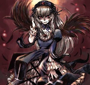 Rating: Safe Score: 0 Tags: 1girl black_wings detached_collar dress flower frills grin hairband image lolita_hairband long_hair long_sleeves looking_at_viewer pink_eyes puffy_sleeves red_eyes rose silver_hair smile solo suigintou wings User: admin