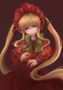 Rating: Safe Score: 0 Tags: 1girl blonde_hair blue_eyes bonnet bow bowtie dress flower green_bow image long_hair long_sleeves looking_at_viewer red_dress rose shinku sidelocks simple_background solo twintails very_long_hair User: admin