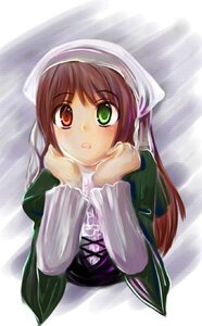 Rating: Safe Score: 0 Tags: 1girl :o apron brown_hair dress green_dress green_eyes hat head_scarf heterochromia image juliet_sleeves long_hair long_sleeves looking_at_viewer open_mouth red_eyes solo suiseiseki User: admin