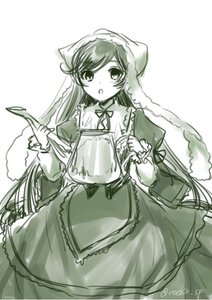 Rating: Safe Score: 0 Tags: 1girl :o dress frills green_dress holding image long_hair long_sleeves looking_at_viewer monochrome ribbon solo suiseiseki very_long_hair User: admin