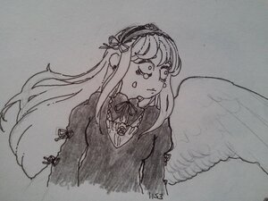 Rating: Safe Score: 0 Tags: 1girl angel_wings crying crying_with_eyes_open dress feathered_wings hairband halo image juliet_sleeves long_hair long_sleeves monochrome puffy_sleeves ribbon simple_background solo suigintou tears traditional_media upper_body wings User: admin