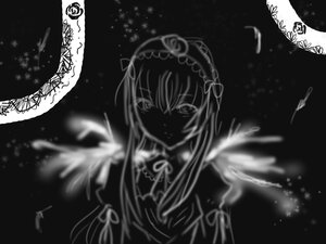 Rating: Safe Score: 0 Tags: 1girl black_wings dress feathered_wings feathers greyscale hairband image long_hair long_sleeves looking_at_viewer monochrome simple_background solo suigintou upper_body wings User: admin