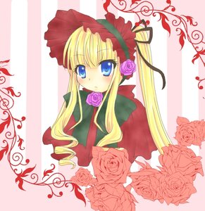 Rating: Safe Score: 0 Tags: 1girl blonde_hair blue_eyes blush bonnet bow drill_hair flower image long_hair looking_at_viewer pink_flower pink_rose red_flower red_rose rose shinku sidelocks solo striped_background twintails User: admin