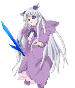 Rating: Safe Score: 0 Tags: 1girl barasuishou blue_eyes dress eyepatch flower frills full_body heterochromia image long_hair long_sleeves pantyhose purple_dress purple_flower purple_rose rose silver_hair smile solo striped very_long_hair white_background wings User: admin