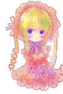 Rating: Safe Score: 0 Tags: 1girl bangs blonde_hair blue_eyes blush closed_mouth dress drill_hair eyebrows_visible_through_hair flower full_body image long_hair looking_at_viewer ringlets shinku solo twin_drills white_background User: admin