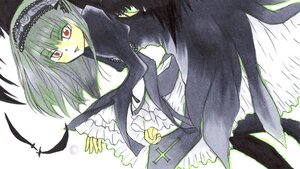 Rating: Safe Score: 0 Tags: 1girl bangs black_wings dress frills image long_hair long_sleeves looking_at_viewer red_eyes smile solo suigintou wings User: admin