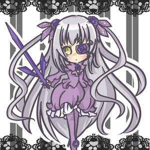 Rating: Safe Score: 0 Tags: 1girl barasuishou blush dress eyepatch flower full_body hair_ornament image long_hair long_sleeves pantyhose purple_bow purple_dress purple_flower purple_legwear rose silver_hair solo standing striped two_side_up vertical_stripes very_long_hair yellow_eyes User: admin