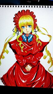 Rating: Safe Score: 0 Tags: 1girl blonde_hair blue_eyes bonnet bow bowtie dress drill_hair flower image long_hair long_sleeves marker_(medium) mouth_hold red_capelet red_dress rose shinku solo traditional_media twin_drills twintails User: admin