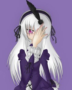 Rating: Safe Score: 0 Tags: 1girl black_wings covering_face dress frills hairband image long_hair long_sleeves looking_at_viewer pink_eyes purple_background ribbon silver_hair simple_background solo suigintou very_long_hair wings User: admin