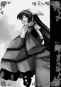 Rating: Safe Score: 0 Tags: 1girl cape closed_eyes covering_mouth doujinshi doujinshi_#21 dress flower greyscale image long_sleeves monochrome multiple rose short_hair solo User: admin