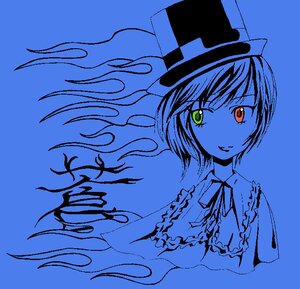 Rating: Safe Score: 0 Tags: 1girl blue_background blue_theme frilled_shirt_collar frills hat heterochromia image looking_at_viewer monochrome red_eyes ribbon short_hair simple_background smile solo souseiseki spot_color top_hat upper_body User: admin