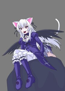 Rating: Safe Score: 0 Tags: 1girl animal_ears black_wings boots cat_ears dress frills gothic_lolita image knee_boots long_hair long_sleeves open_mouth purple_eyes ribbon silver_hair sitting smile solo suigintou transparent_background wings User: admin