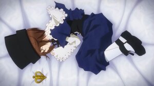 Rating: Safe Score: 0 Tags: 1girl brown_hair capelet closed_eyes dress frills hat image long_sleeves lying on_side ribbon shoes short_hair sleeping solo souseiseki white_legwear User: admin