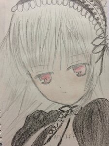 Rating: Safe Score: 0 Tags: 1girl bangs blush closed_mouth image looking_at_viewer monochrome red_eyes simple_background solo suigintou traditional_media white_background User: admin