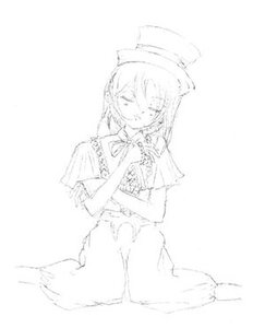 Rating: Safe Score: 0 Tags: 1girl capelet closed_eyes dress gloves hat image monochrome sitting sketch solo souseiseki white_background User: admin