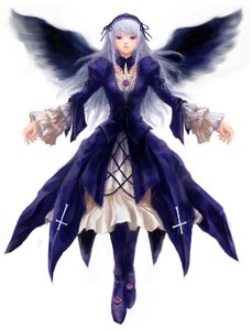 Rating: Safe Score: 0 Tags: 1girl black_wings boots detached_collar dress frills full_body hairband image long_hair long_sleeves looking_at_viewer ribbon silver_hair simple_background solo standing suigintou white_background wings User: admin