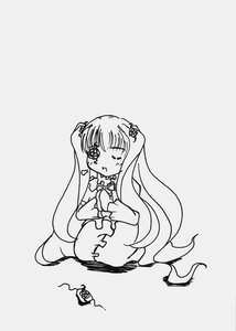 Rating: Safe Score: 0 Tags: 1girl dress greyscale image kirakishou long_hair monochrome one_eye_closed simple_background sitting solo striped twintails very_long_hair User: admin