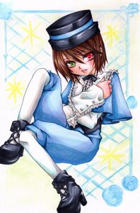 Rating: Safe Score: 0 Tags: 1girl blush boots brown_hair frills green_eyes hat heterochromia image long_sleeves looking_at_viewer marker_(medium) pantyhose red_eyes short_hair sitting solo souseiseki top_hat traditional_media white_legwear User: admin