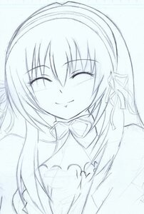 Rating: Safe Score: 0 Tags: 1girl blue_theme blush bow bowtie closed_eyes closed_mouth image long_hair monochrome sketch smile solo suigintou upper_body User: admin