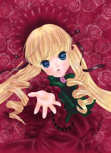 Rating: Safe Score: 0 Tags: 1girl blonde_hair blue_eyes dress drill_hair flower image long_hair long_sleeves looking_at_viewer outstretched_hand red_dress rose shinku solo twin_drills User: admin