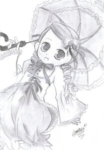 Rating: Safe Score: 0 Tags: 1girl :d dress drill_hair frills greyscale hair_ornament holding holding_umbrella image kanaria long_sleeves looking_at_viewer monochrome open_mouth parasol shared_umbrella signature simple_background smile solo traditional_media twin_drills umbrella white_background User: admin