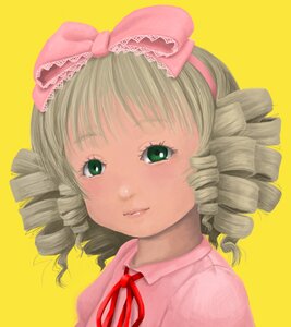 Rating: Safe Score: 0 Tags: 1girl blonde_hair blush bow drill_hair green_eyes hair_bow hina_ichigo hinaichigo image looking_at_viewer pink_bow portrait ribbon ringlets short_hair simple_background solo yellow_background User: admin