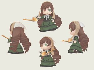 Rating: Safe Score: 0 Tags: 1girl blush brown_hair chibi dress green_dress grey_background head_scarf holding image long_hair long_sleeves multiple_views smile solo suiseiseki very_long_hair watering_can User: admin