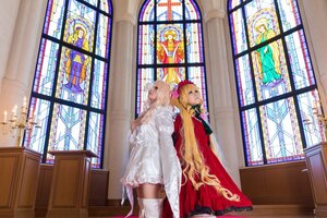 Rating: Safe Score: 0 Tags: 1girl blonde_hair cape chandelier church dress flower indoors long_hair mirror multiple_cosplay reflection rose stained_glass standing tagme very_long_hair white_dress window User: admin