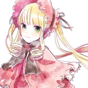 Rating: Safe Score: 0 Tags: 1girl bangs blonde_hair blush bonnet closed_mouth dress eyebrows_visible_through_hair flower frills green_eyes image long_hair long_sleeves looking_at_viewer rose shinku simple_background smile solo twintails upper_body white_background User: admin