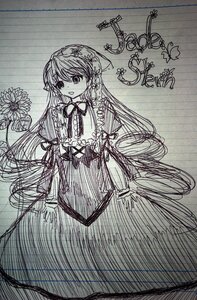 Rating: Safe Score: 0 Tags: 1girl blush dress flower image long_hair long_sleeves looking_at_viewer monochrome sketch smile solo suiseiseki very_long_hair User: admin