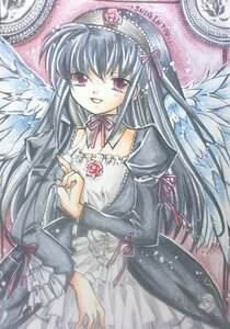 Rating: Safe Score: 0 Tags: 1girl angel_wings black_hair black_wings dress feathered_wings flower frills image juliet_sleeves lolita_fashion long_hair long_sleeves looking_at_viewer open_mouth ribbon rose smile solo suigintou traditional_media wings User: admin