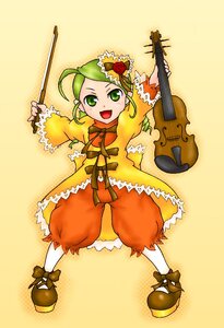 Rating: Safe Score: 0 Tags: 1girl bloomers bow flower full_body green_eyes green_hair hat image instrument kanaria long_sleeves rose solo standing underwear violin User: admin