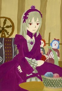 Rating: Safe Score: 0 Tags: 1girl character_doll doll dress frills hairband image long_hair long_sleeves looking_at_viewer red_eyes silver_hair sitting solo suigintou wings User: admin
