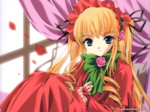 Rating: Safe Score: 0 Tags: 1girl blonde_hair blue_eyes bow bowtie curtains dress flower green_bow image long_hair long_sleeves looking_at_viewer petals pink_rose red_dress rose shinku sidelocks solo User: admin