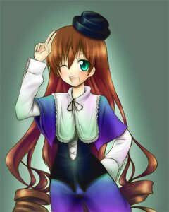 Rating: Safe Score: 0 Tags: 1girl ;d blush brown_hair capelet costume_switch cowboy_shot dress drill_hair green_eyes hand_on_hip hat image long_hair long_sleeves looking_at_viewer one_eye_closed open_mouth simple_background smile solo standing top_hat twin_drills very_long_hair User: admin