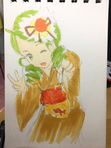 Rating: Safe Score: 0 Tags: 1girl fish flower goldfish green_eyes green_hair hair_ornament image japanese_clothes kanaria kimono looking_at_viewer one_eye_closed open_mouth photo shikishi smile solo tongue traditional_media v wide_sleeves User: admin