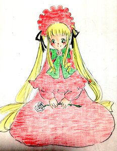 Rating: Safe Score: 0 Tags: 1girl blonde_hair blush dress flower full_body green_eyes image long_hair long_sleeves looking_at_viewer rose shinku simple_background sitting solo twintails very_long_hair User: admin