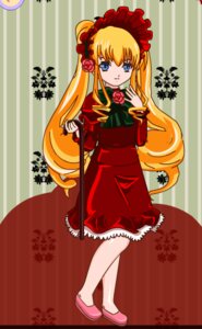 Rating: Safe Score: 0 Tags: 1girl blonde_hair blue_eyes bonnet bow bowtie dress flower full_body green_bow image long_hair long_sleeves looking_at_viewer red_dress rose shinku shoes solo striped_background twintails very_long_hair User: admin